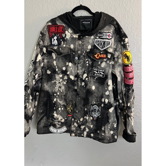 Reason NYC Distressed Bleach Splatter Denim Jacket Patches Mens 3XL Skull Black - Picture 1 of 16